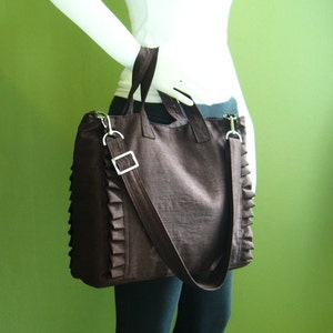 Chocolate  Brown Nylon Tote, water resistant, purse, ruffles, diaper bag, travel bag, everyday bag, carry all bag - Minnie