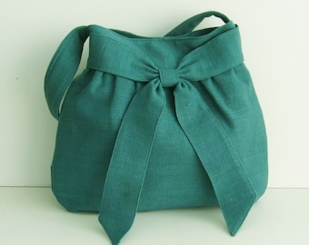 Teal Hemp Shoulder Bag with Bow, Handmade Everyday Purse - AMY