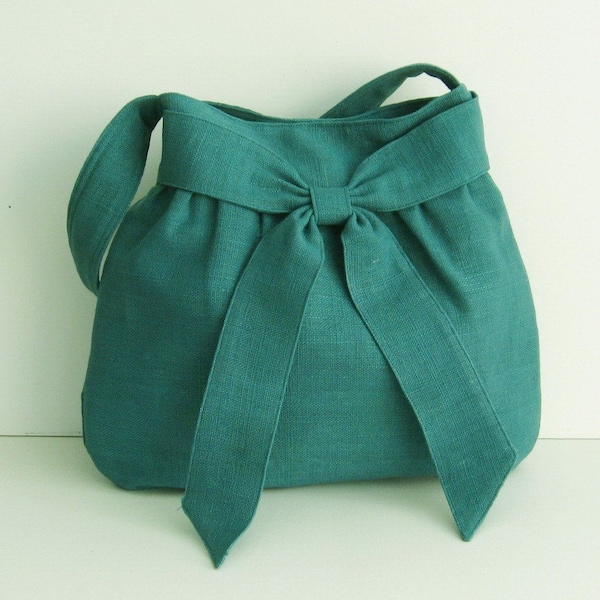 Teal Hemp Shoulder Bag with Bow, Handmade Everyday Purse - AMY