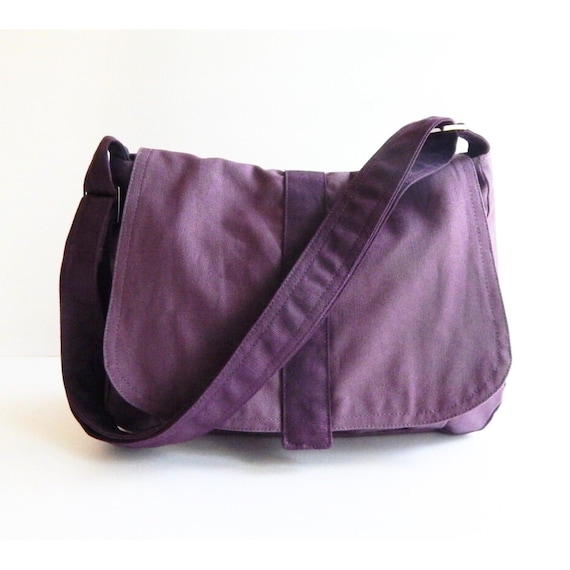 Plum Canvas Messenger Bag, Crossbody Bag, Laptop Bag, Women 