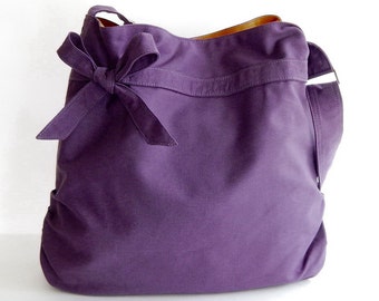 Deep purple light weight canvas bag, women handbag, everyday purse, unique gift for her, bag with bow, Crossbody bag, unique style - DESSERT