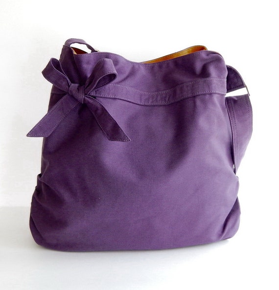 Deep Purple Light Weight Canvas Bag, Women Messenger Bag, Everyday Bag, Gift for Her, Bag with Bow, Crossbody Bag, Unique Style - Dessert