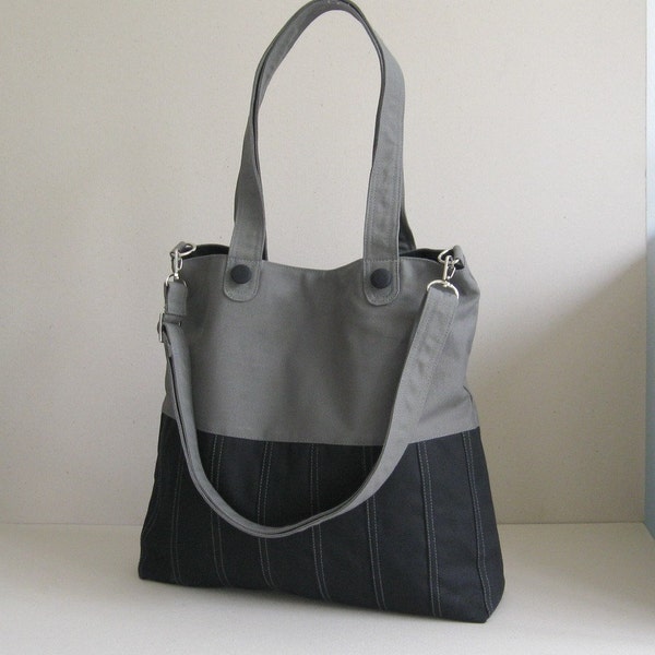 Black/Grey Canvas Bag - Pleated Bottom with Adjustable Strap