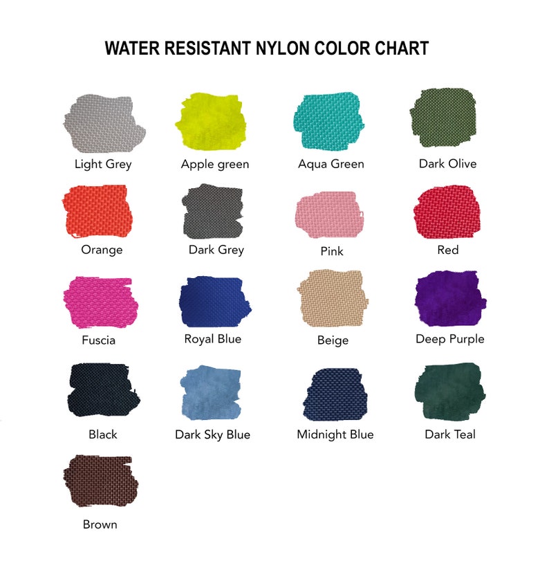 May include: A color chart displaying swatches of water-resistant nylon fabric. The chart includes a variety of colors such as light grey, apple green, aqua green, dark olive, orange, dark grey, pink, red, fuscia, royal blue, beige, deep purple, black, dark sky blue, midnight blue, dark teal, and brown.