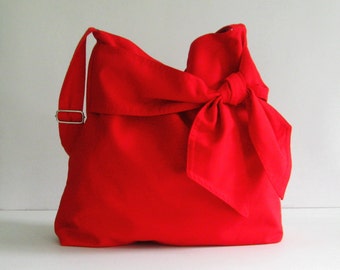Rote Baumwoll-Twill-Umhängetasche mit Schleife, leichte, maßgeschneiderte Taschen - NINNY