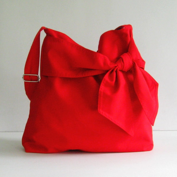 Red Cotton Twill Crossbody Bag, everday bag, messenger bag, bow, adjustable strap, shoulder bag, gift for women, travel bag - Ninny