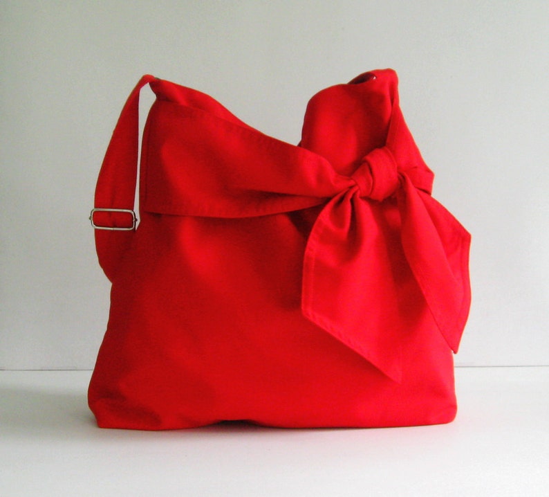 Red Cotton Twill Crossbody Bag, everday bag, messenger bag, bow, adjustable strap, shoulder bag, gift for women, travel bag Ninny image 1