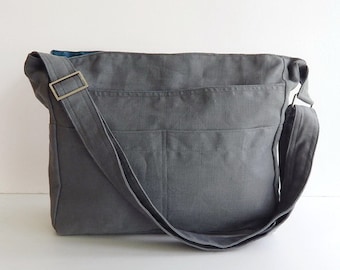 Grey linen messenger bag, crossbody bag, adjustable strap bag, everyday bag, bag with pockets, zipper closure bag, travel bag - MELANIE
