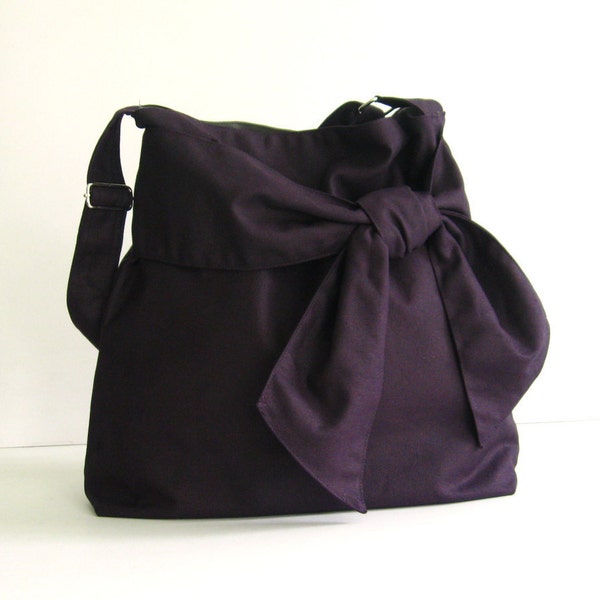 Deep Purple Canvas Crossbody Bag with Bow, Women Everyday Custom-made Bag - NINNY