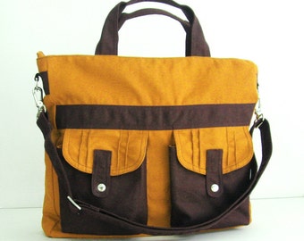 Mustard Canvas Large Messenger Bag – Handmade Shoulder Tote, Diaper or School Bag - SUNNY