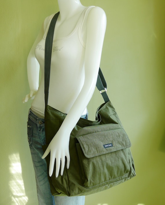 Dark Olive Water Resistant Nylon Large Messenger Bag School 