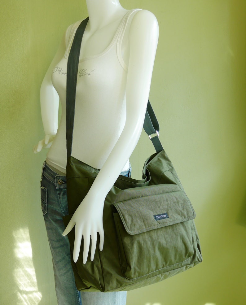 Dark Olive water resistant nylon large messenger bag, school bag, diaper bag, crossbody bag, everyday bag, light weight travel bag KAILA image 2