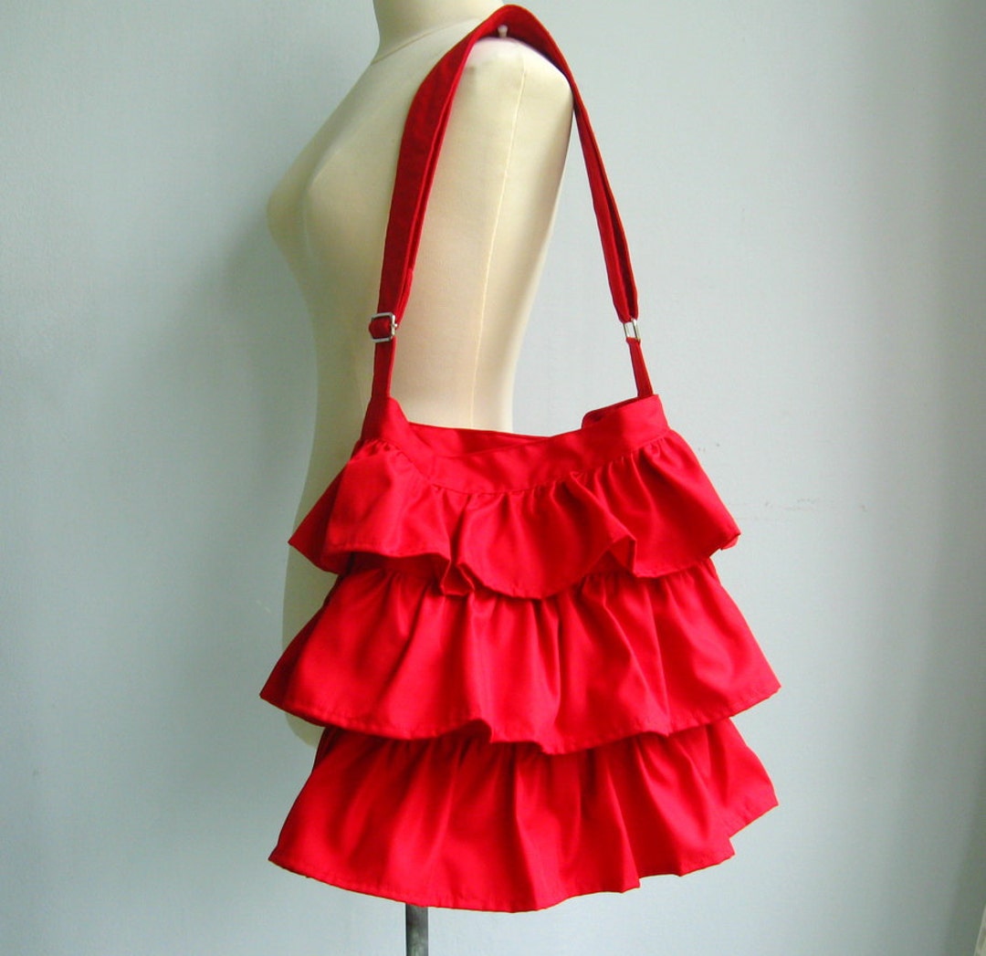 Red Cotton Twill Ruffle Bag, Messenger Bag, Crossbody Bag With