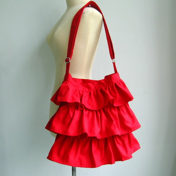 Rode katoenen Twill Ruffle Bag, messengertas, crossbody tas met plooien, schattige damestas, alledaagse stijlvolle tas, op maat gemaakte tas