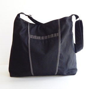 Black Canvas Bag, messenger bag, crossbody bag with pleats, everyday bag, women canvas bag, zipper closure bag, gift for her  - Gail
