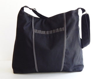 Sac en toile noire, sac messager, sac à bandoulière avec plis, sac de tous les jours, sac en toile femme, sac à fermeture éclair, cadeau pour elle - Gail