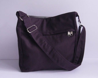 Bolso hobo de viaje de algodón morado oscuro, bolso con cierre de cremallera, bolso de mensajero para mujer, regalo para ella, bolso de trabajo diario, bolso ligero - Faye