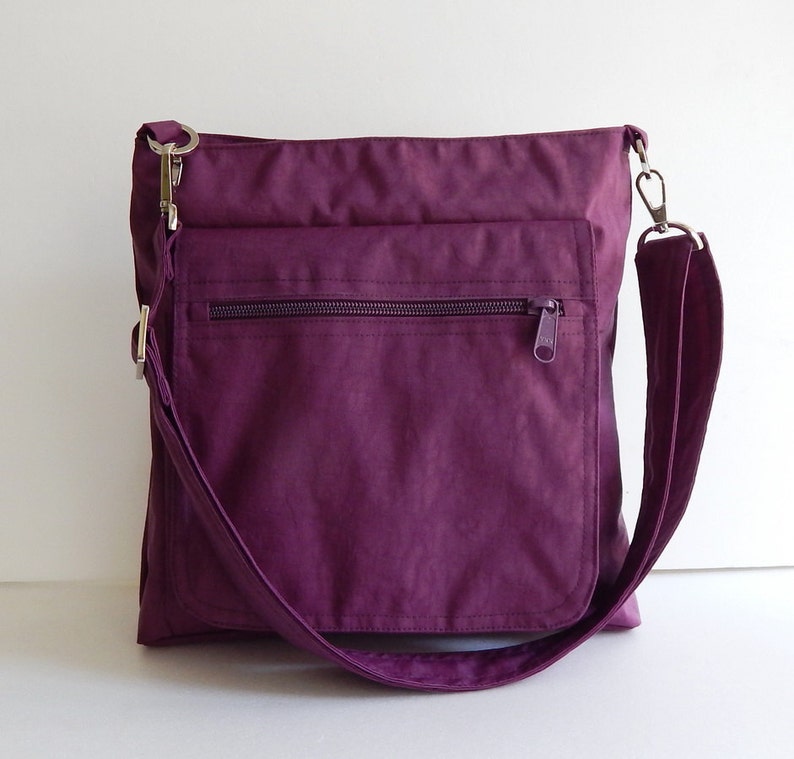 Deep Plum Water Resistant Nylon Messenger Bag Crossbody bag, small Travel bag, gift for women, light weight nylon bag with zipper Judith image 2