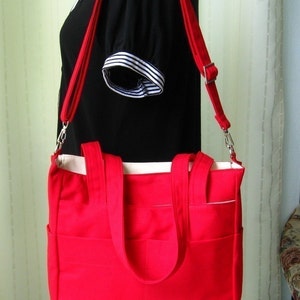 Red Cotton Canvas Bag, shoulder bag, tote, messenger, diaper, lots of pockets bag, travel bag, all-purpose bag, everyday bag TRACY image 4