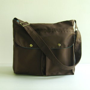 Chocolate Brown Water-Resistant Nylon Messenger Bag - Travel bag, Women light weight crossbody bag, everyday bag - LITTLE JENNIFER