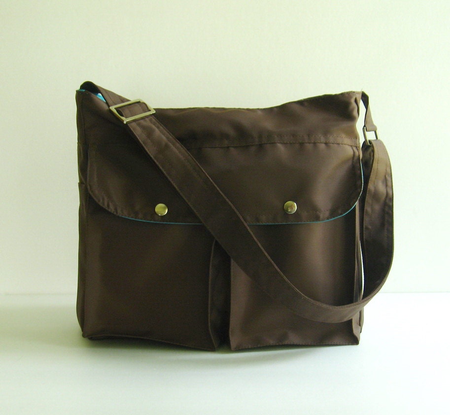 Chocolate Brown Water-Resistant Nylon Messenger Bag - Travel bag, Women light weight crossbody bag, everyday bag - LITTLE JENNIFER