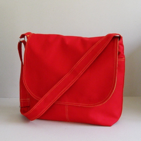 Red Cotton Twill Messenger Bag, school bag, travel bag, all purpose bag, overnight bag, unisex carry all bag - BELLA