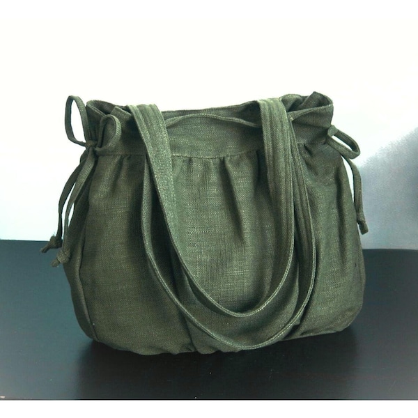 Forest Green Hemp Tote, Handmade Shoulder Bag, Natural Fiber Work Bag - MANDY