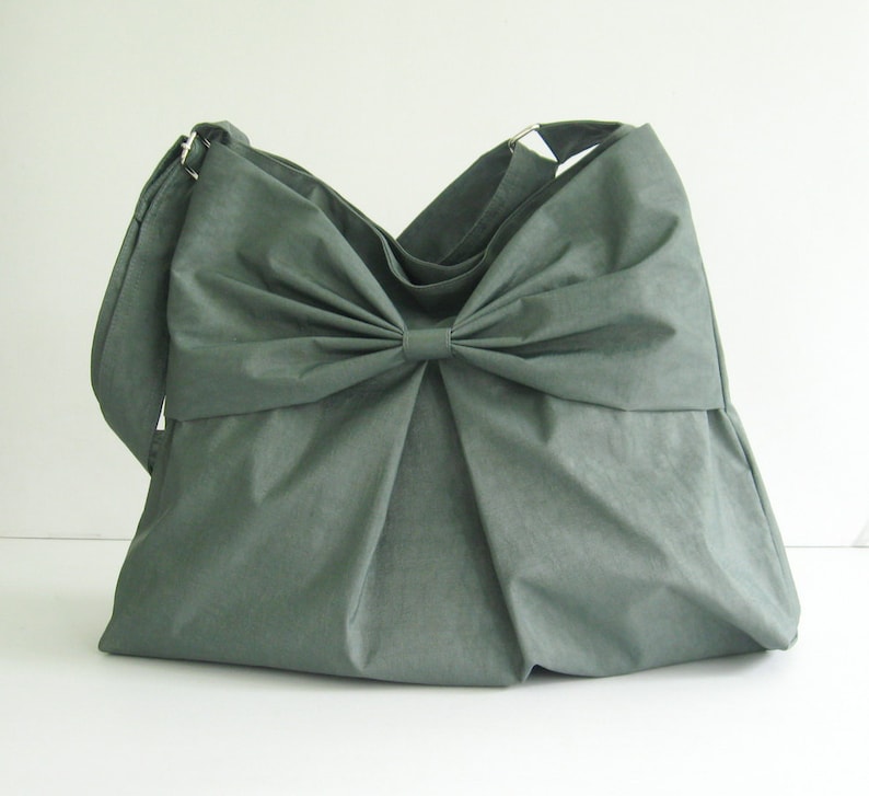 Grey Water-Resistant Bag, nylon, bow, light weight bag, crossbody bag, messenger bag, purse, shoulder bag, travel bag, gift for her Martha image 1