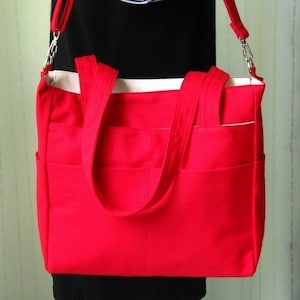 Red Cotton Canvas Bag, shoulder bag, tote, messenger, diaper, lots of pockets bag, travel bag, all-purpose bag, everyday bag TRACY image 5