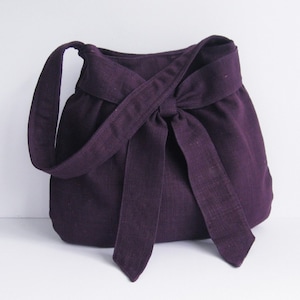 Deep Purple Hemp Purse Shoulder Bag, women light weight bag, stylish, unique bag, everyday work bag, bag with bow AMY image 2