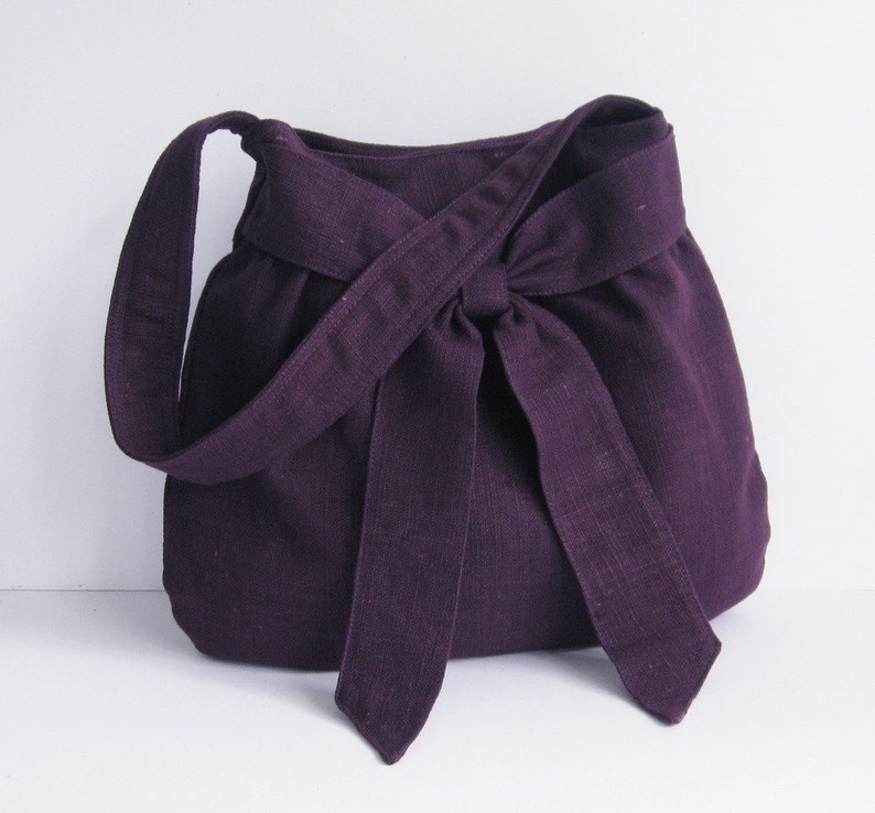 Deep Purple Hemp Purse Shoulder Bag, women light weight bag, stylish, unique bag, everyday work bag, bag with bow AMY image 2