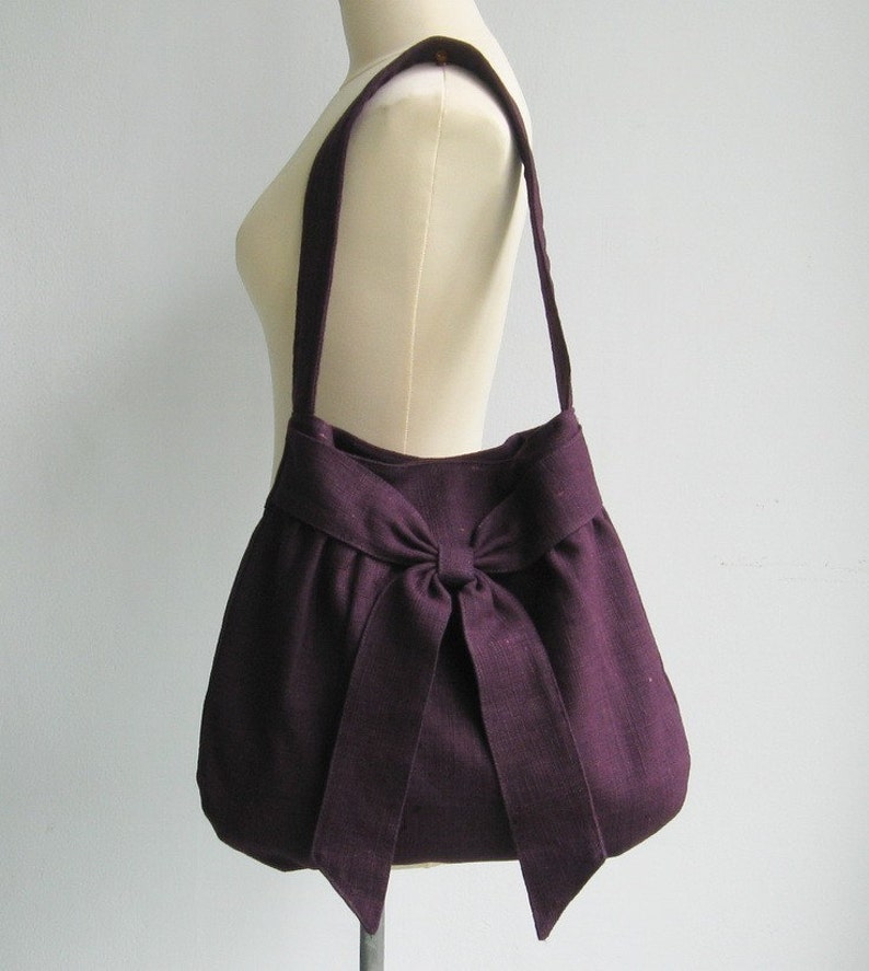 Deep Purple Hemp Purse Shoulder Bag, women light weight bag, stylish, unique bag, everyday work bag, bag with bow AMY image 3