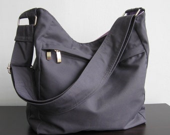Grey Cotton Travel Hobo Bag, diaper bag, zipper closure bag, women messenger bag, handbag gift for her, everyday work bag - Faye