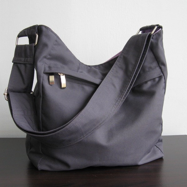 Grey Cotton Travel Hobo Bag, diaper bag, zipper closure bag, women messenger bag, handbag gift for her, carry all, everyday work bag - Faye