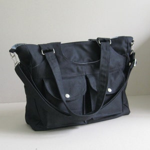 Black Canvas Bag 3 Compartments, diaper, messenger, shoulder bag, gym bag, front pockets, carry all bag for woman, tote, travel bag JILL image 2