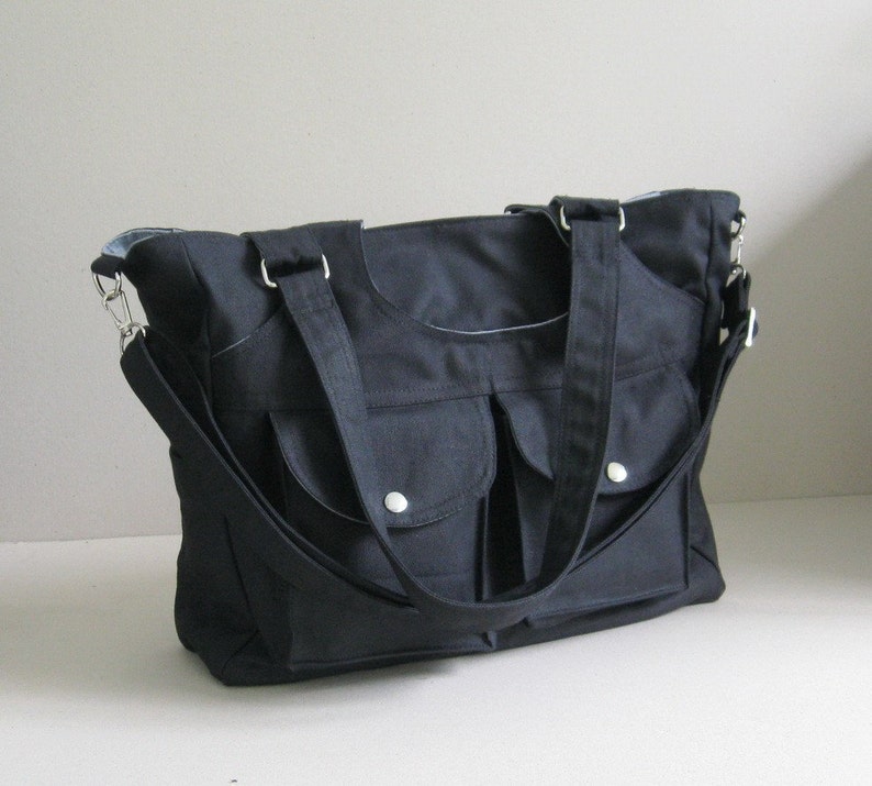 Black Canvas Bag 3 Compartments, diaper, messenger, shoulder bag, gym bag, front pockets, carry all bag for woman, tote, travel bag JILL image 2