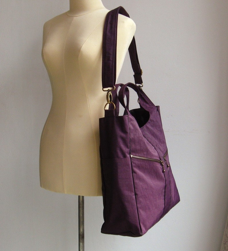 Water-Resistant Nylon in Deep Plum diaper bag, crossbody bag, messenger bag, laptop bag, zipper closure school bag, travel bag ALLISON image 2