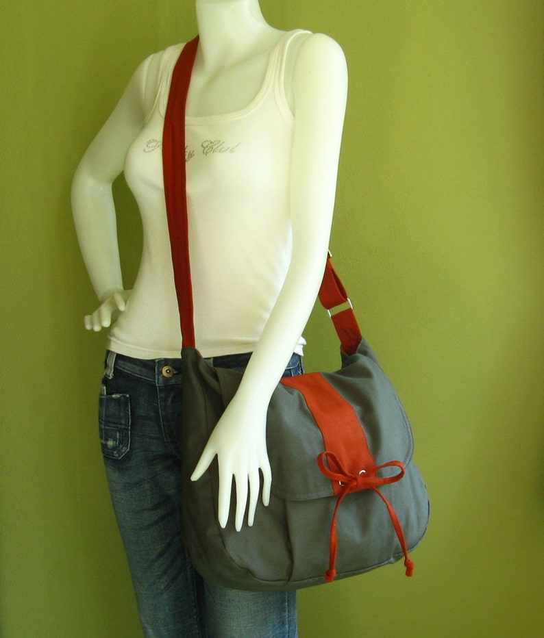 Grey Canvas Messenger bag, School Bag, Diaper Bag, Crossbody bag, Laptop bag, Women bag with bow DIANA image 2