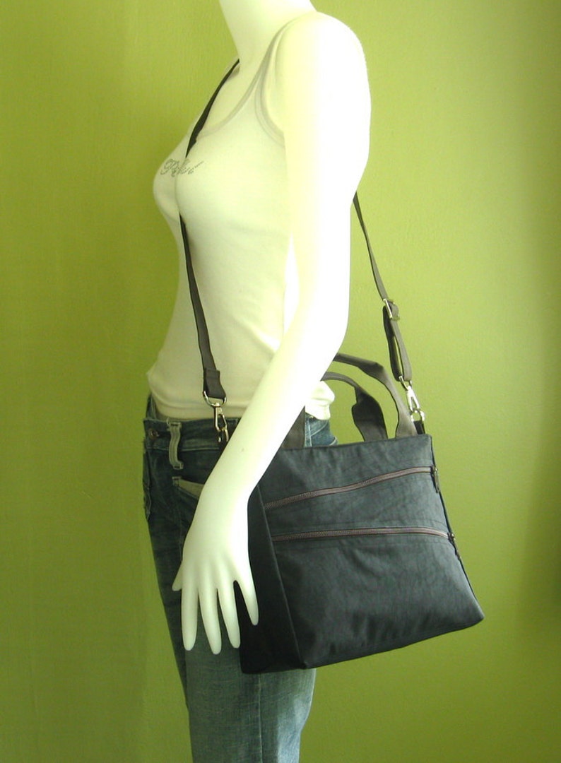 Water Resistant Nylon Bag in black Messenger bag with handles, small Tote, crossbody bag, zipper closure bag, gift for her MiniTAMPA image 2