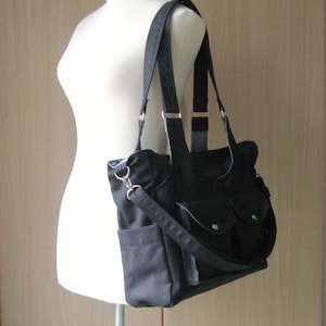 Black Canvas Bag 3 Compartments, diaper, messenger, shoulder bag, gym bag, front pockets, carry all bag for woman, tote, travel bag JILL image 4