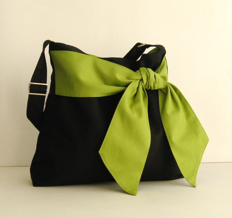 Black Cotton Twill Cross body Bag, tote, handbag, diaper bag, messenger bag for women, bow bag, stylish, shoulder bag with pockets - Ninny