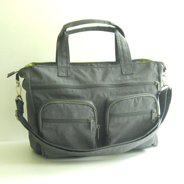 Water Resistant Nylon Bag in Grey - Messenger bag, Laptop bag, Diaper bag, Crossbody bag, Tote, Work bag, carry on bag, Women bag - PAMELA