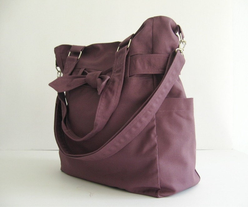 Plum Canvas Purse, tote, shoulder bag, diaper bag, crossbody bag, messenger bag, bag with bow, travel bag, zipper closure, novelty Abby image 2