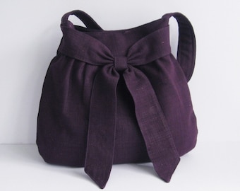 Deep Purple Hemp Purse - Shoulder Bag, women light weight bag, stylish, unique bag, everyday work bag, bag with bow  - AMY