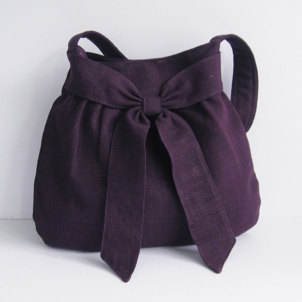 Deep Purple Hemp Purse - Shoulder Bag, women light weight bag, stylish, unique bag, everyday work bag, bag with bow  - AMY