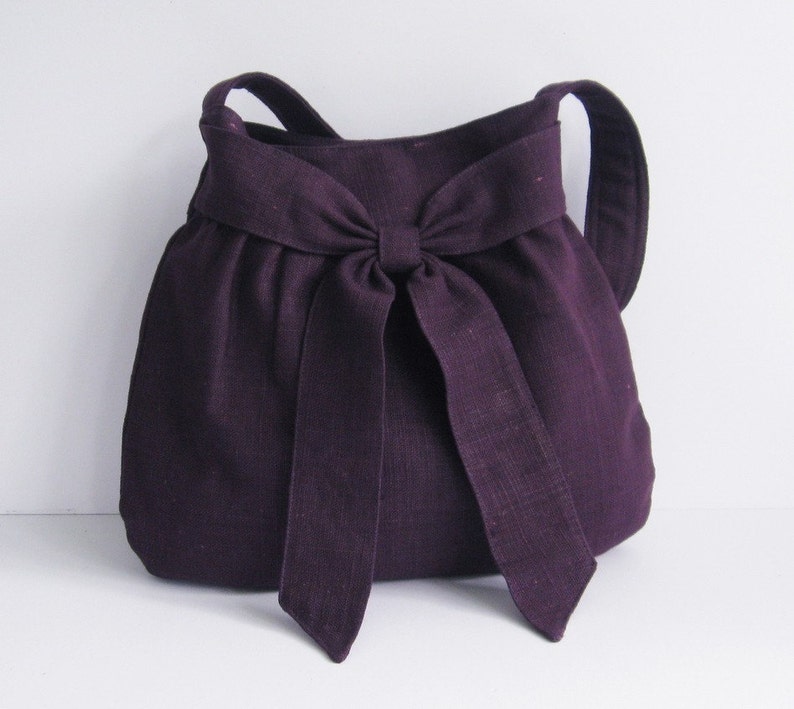 Deep Purple Hemp Purse - Shoulder Bag, women fabric tote, handbag, stylish, unique bag, everyday work bag, carry all bag, bow bag  - AMY 