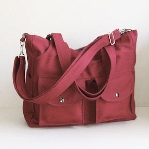 Bolso multiusos de lona color granate, 3 compartimentos: bolso de hombro, bolso de pañales, bolso de mensajero, bolso de mano, bolso de viaje, bolso para llevar todo - Jill