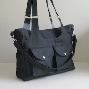 Sac en toile noir - 3 compartiments, couche, messager, sac à bandoulière, sac de sport, poches avant, sac de transport pour femme, fourre-tout, sac de voyage - JILL