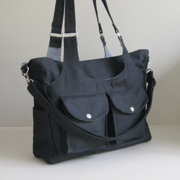 Black Canvas Bag - 3 Compartments, diaper, messenger, shoulder bag, gym bag, front pockets, carry all bag for woman, tote, travel bag - JILL