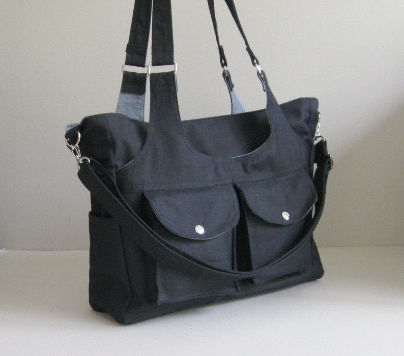 Black Canvas Bag 3 Compartments, diaper, messenger, shoulder bag, gym bag, front pockets, carry all bag for woman, tote, travel bag JILL image 1